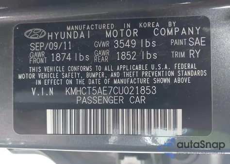 2012 Hyundai Accent Gs from USA, damaged, VIN KMHCT5AE7CU021853